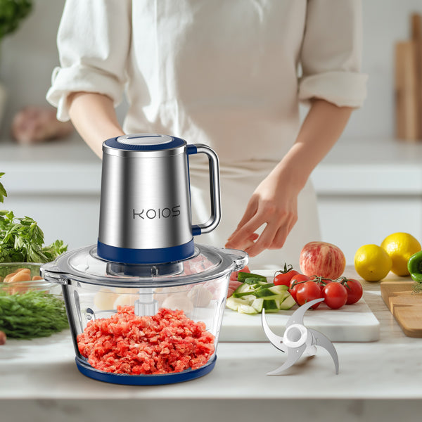 KOIOS AMJ-106 food processor single blade single bowl blue, 300W, 120V/60Hz, with a set of four blades