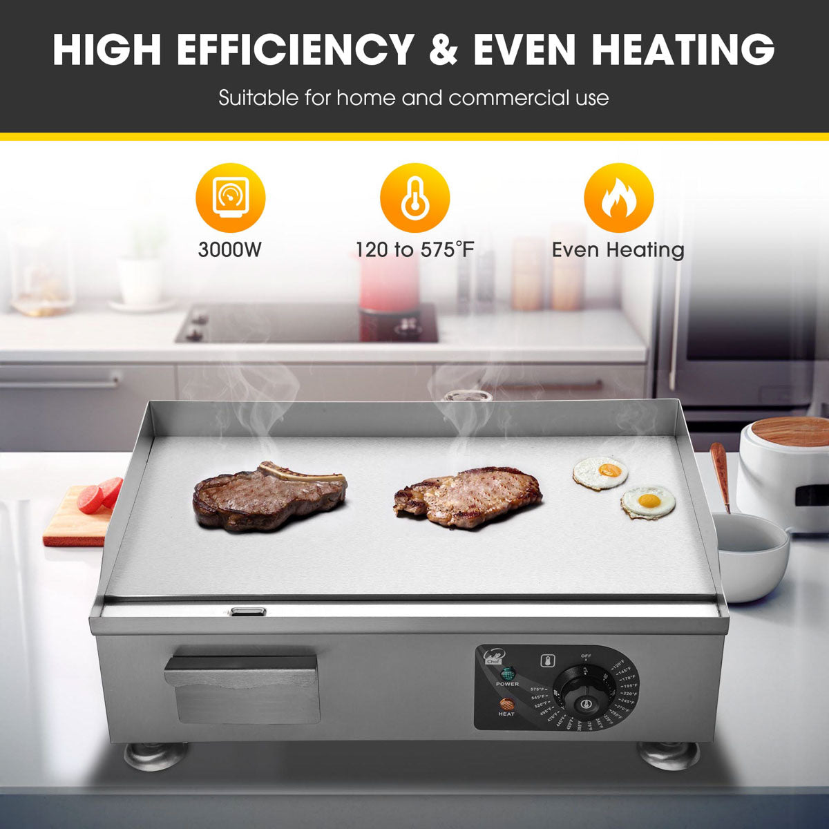 Electric Griddle with Lid Flat Top Grill 22in 3000W