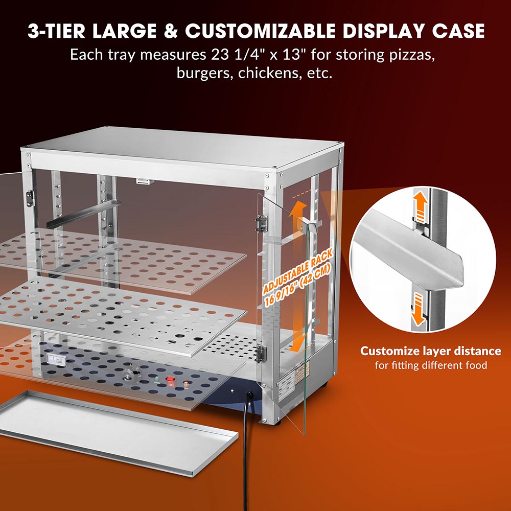 Pizza Food Warmer Commercial Countertop Display Case 3-Tier 27x15x24