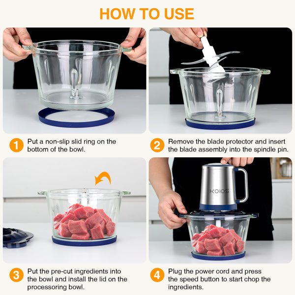KOIOS AMJ-106 food processor single blade single bowl blue, 300W, 120V/60Hz, with a set of four blades