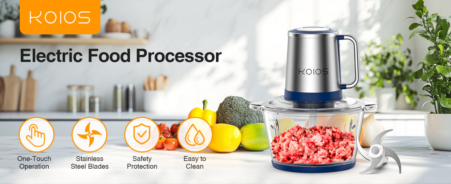 KOIOS AMJ-106 food processor single blade single bowl blue, 300W, 120V/60Hz, with a set of four blades