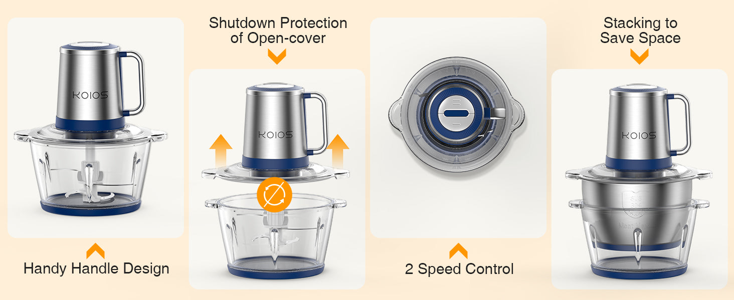 KOIOS AMJ-106 food processor single blade single bowl blue, 300W, 120V/60Hz, with a set of four blades